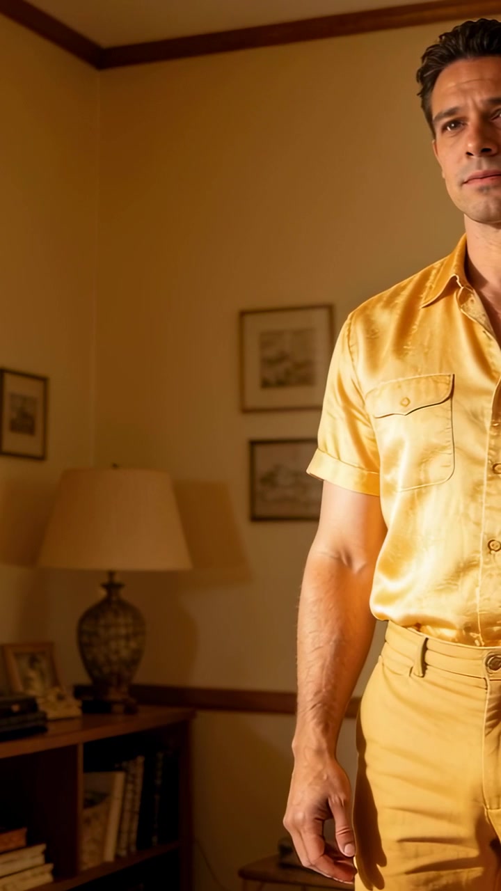 Video verticale: Panoramica su un uomo in camicia gialla che entra nell'inquadratura a casa, mostrando il viso vicino a una lampada, con spazio per il testo.
