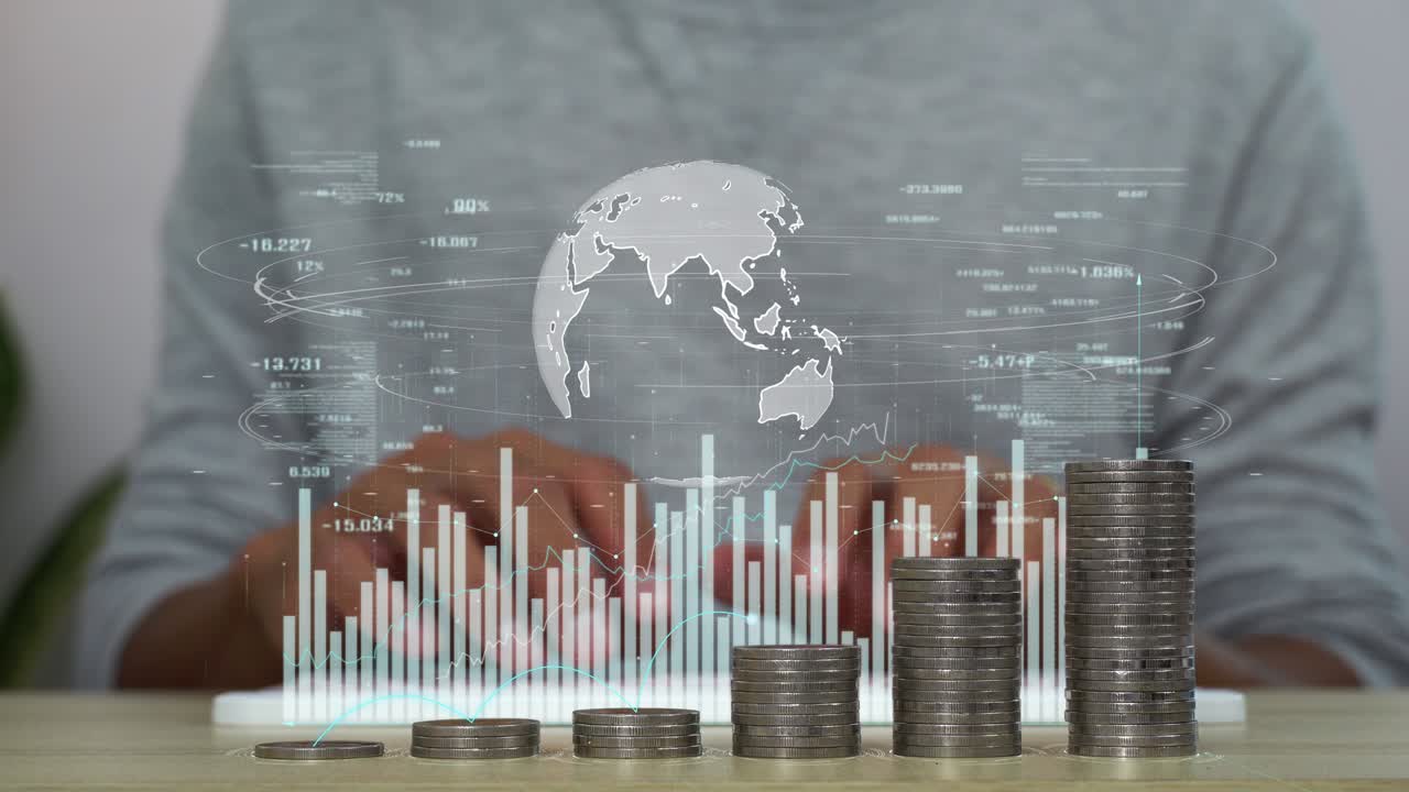 un holograma de datos de análisis de negocios. concepto de crecimiento de negocios. aumento de la pila de monedas.