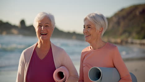 exercise, yoga and senior woman on the beach