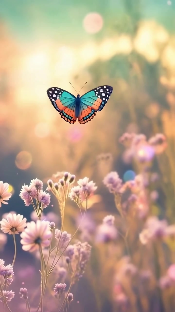 Farfalla colorata che vola sopra fiori selvatici in un prato soleggiato