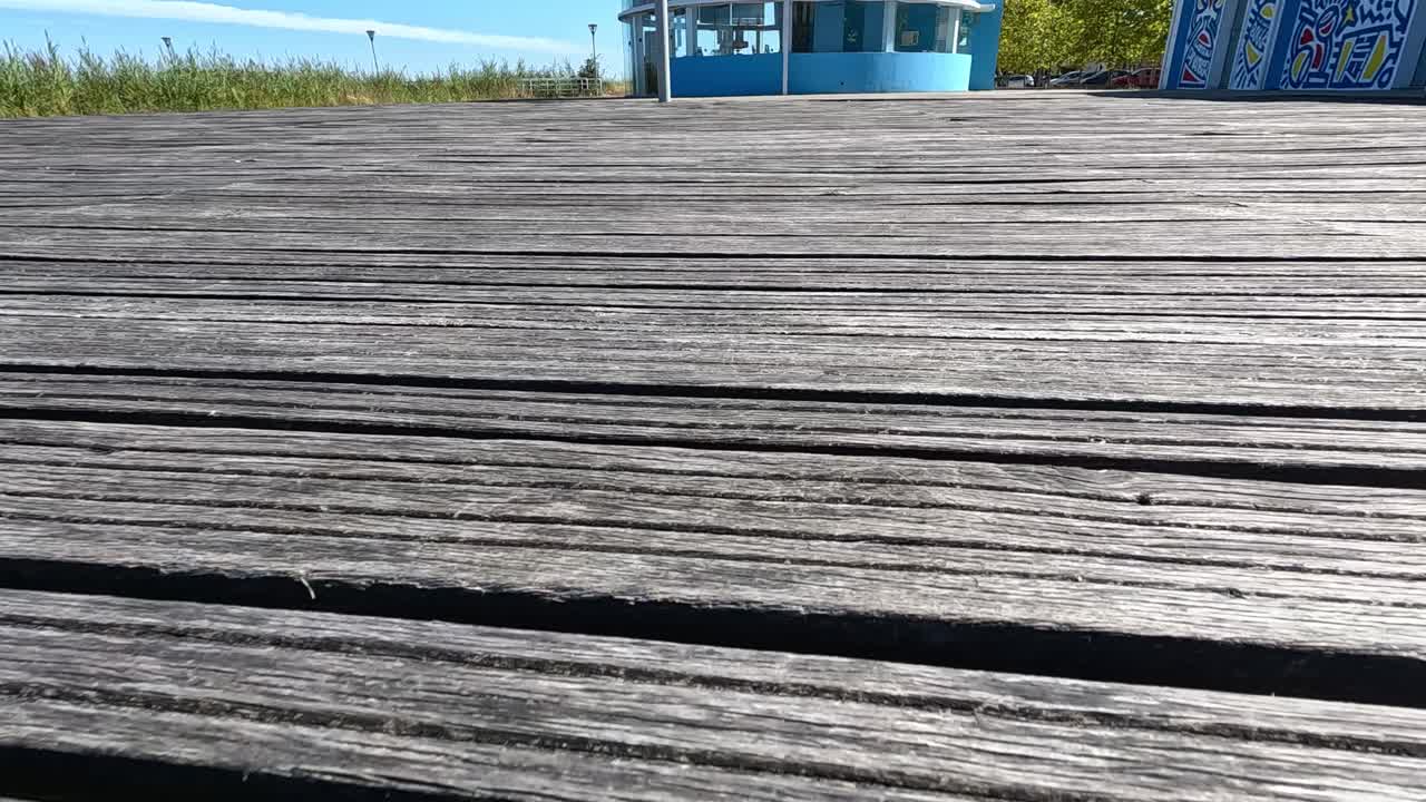 cubierta de madera con barriles azules y hierba