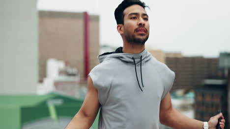 Asian-man,-fitness-and-skipping-rope-on-rooftop