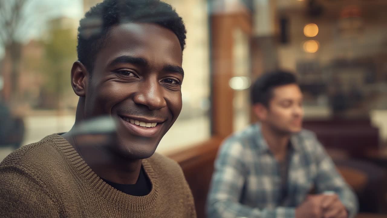 Shot focusing on knit-clad man seeing offscreen smiling at cafe window with mugs, friend gazing