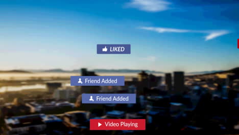 animación de iconos de redes sociales y emojis cayendo sobre el paisaje urbano