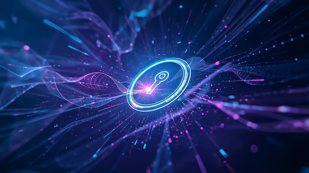 Appearing glowing neon key icon driving flowing purple-blue ribbons for data transfer in cyberspace
