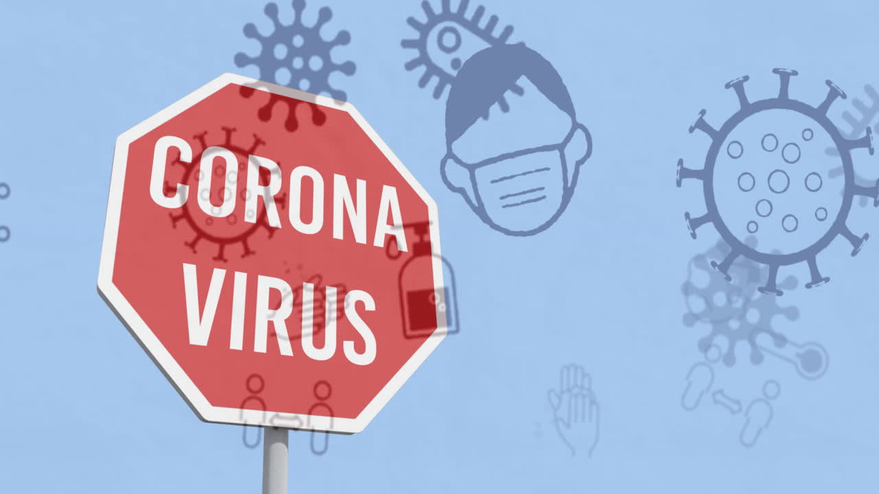 Animación de texto 'coronavirus' sobre una señal de stop con iconos de COVID-19 en un fondo azul.