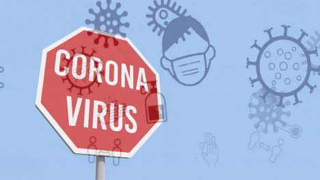 animation of coronavirus text on stop road sign over covid 19 icons on blue background