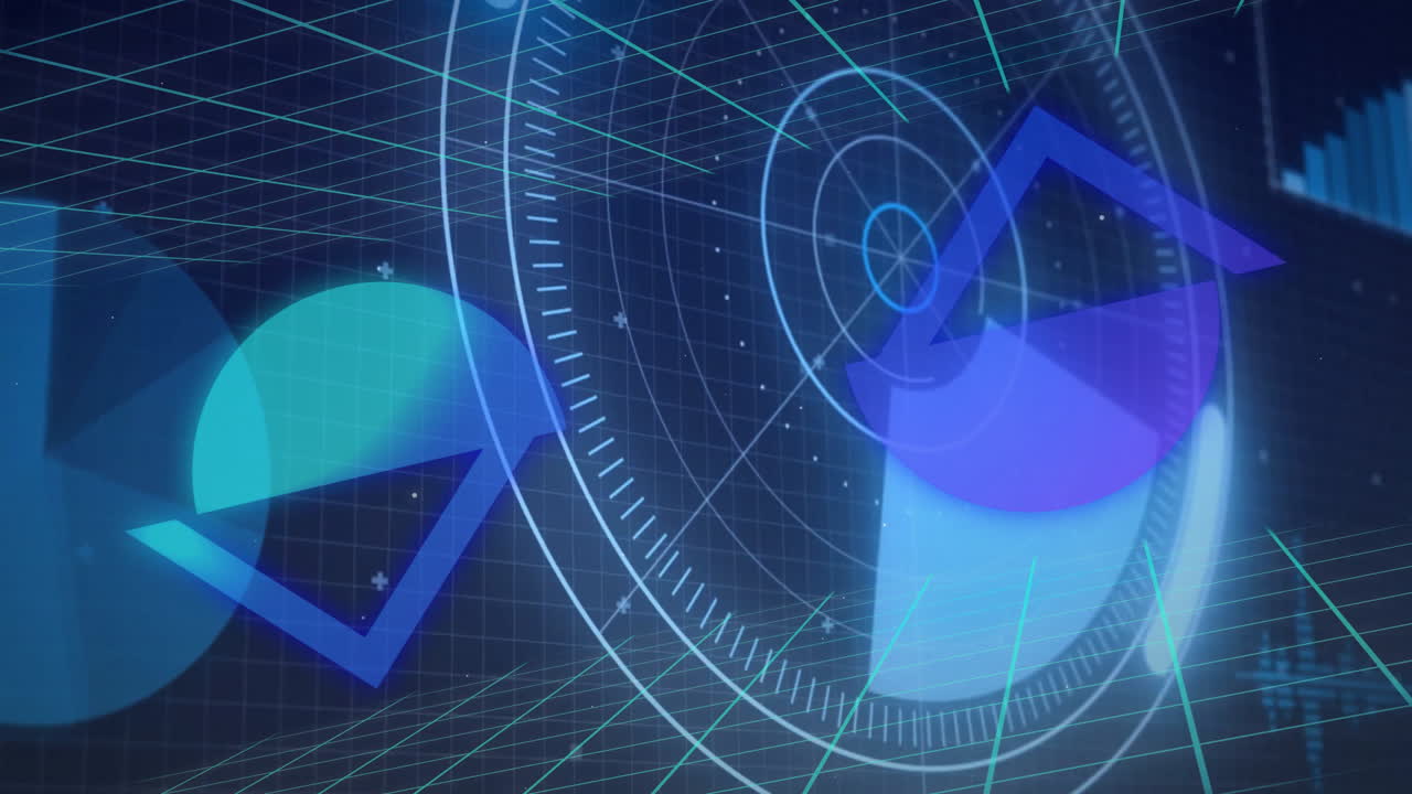 Animation of geometric shapes and glowing grid lines in futuristic interface