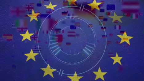 animation of flag of eu over scope scanning and national flags