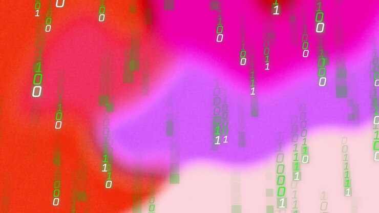Binary digits streaming over vibrant gradient background, featuring pixelated block elements