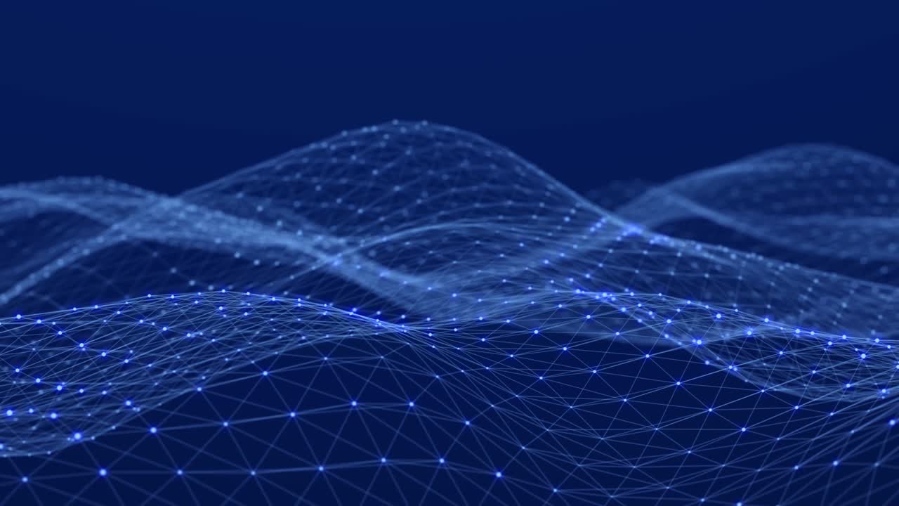Dynamic wave with many dots. Abstract motion background of colored dots. Technology or science. 3d rendering Seamless loop. 4K