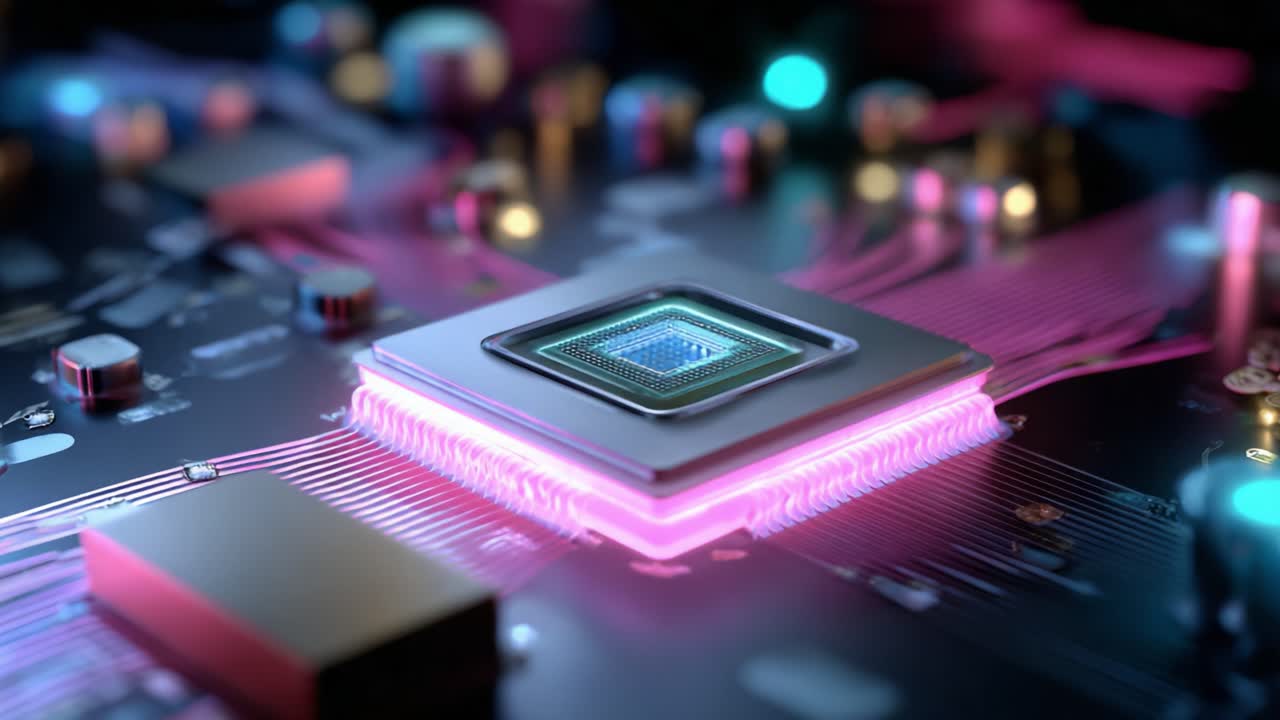A Close-Up View of a Modern Microprocessor on a Circuit Board, Highlighting its Complex Design, Colorful Connections, and Advanced Technology, Illustrating the Heart of Computing and Electronics