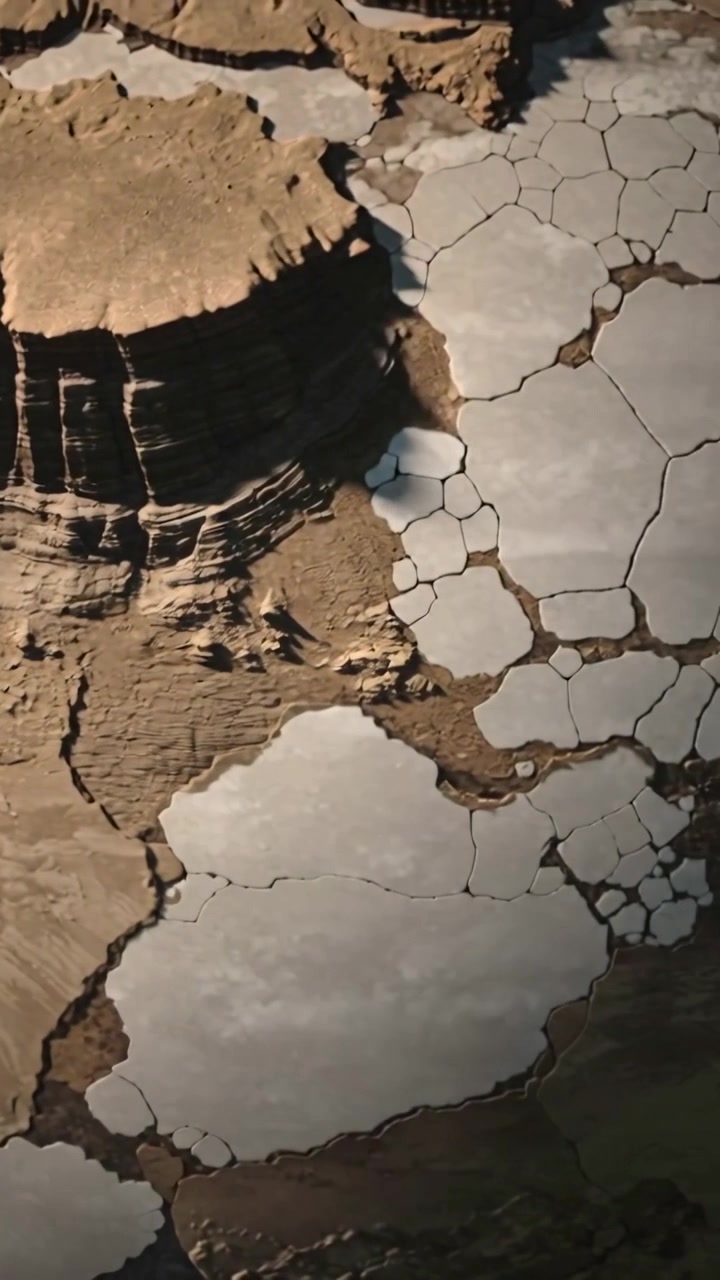 Vertical video: Panning camera revealing mesa and cracked plates across dry flat, casting shadows