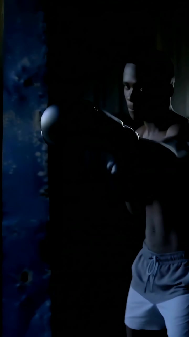 Vertical video: Starting high guard shirtless boxer training jabs and crosses in gym with gloves