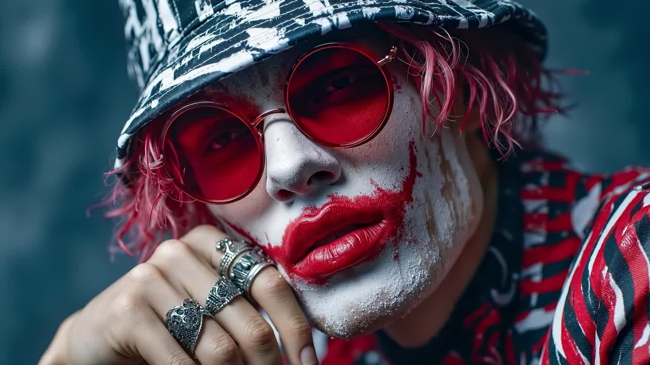 A woman with red hair and a clown face paint on her face