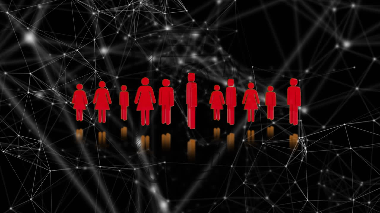 검은색 배경의 연결 네트워크를 통해 사람들의 아이콘의 애니메이션