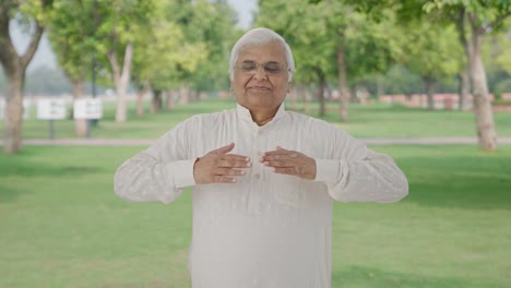 relaxed indian old man doing breathe in breathe out exercise in park