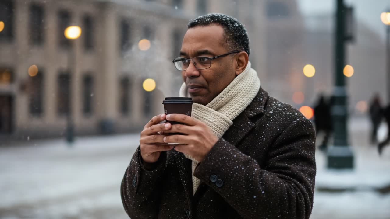A Thoughtful Winter Moment: A Man Enjoys a Warm Drink While Experiencing the Beauty of Snowfall in a Calm Urban Setting
