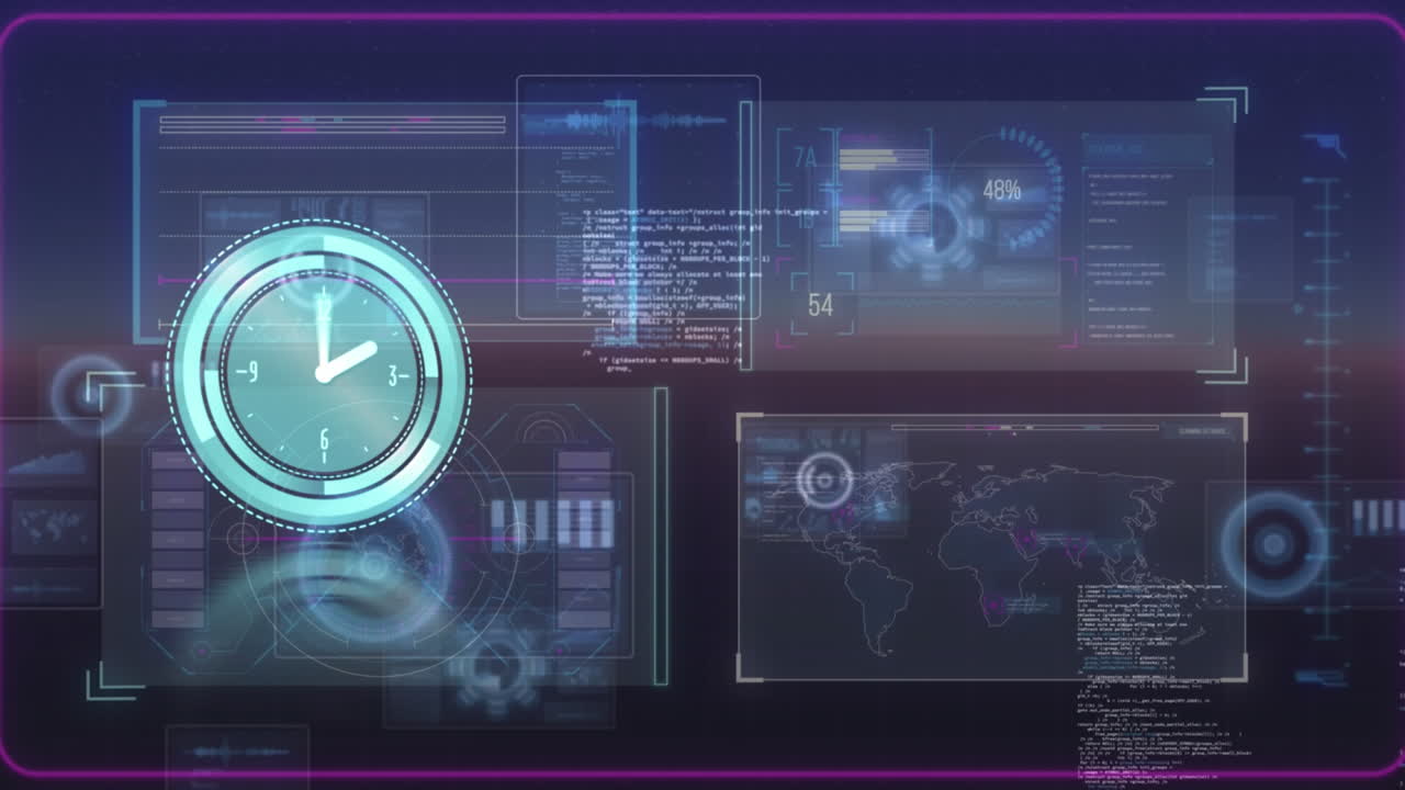 animación de reloj en movimiento y procesamiento de datos sobre fondo negro
