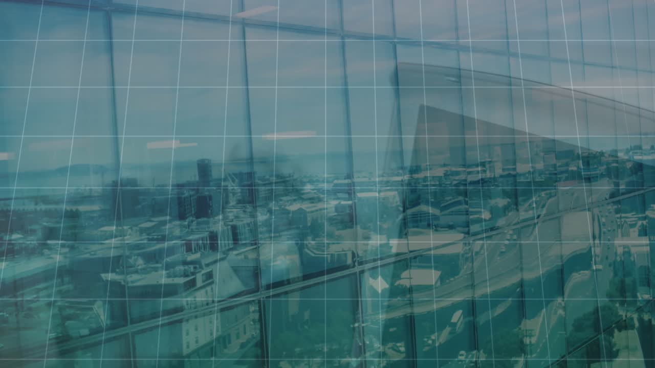 Animation af finansiel databehandling over pile på blå baggrund