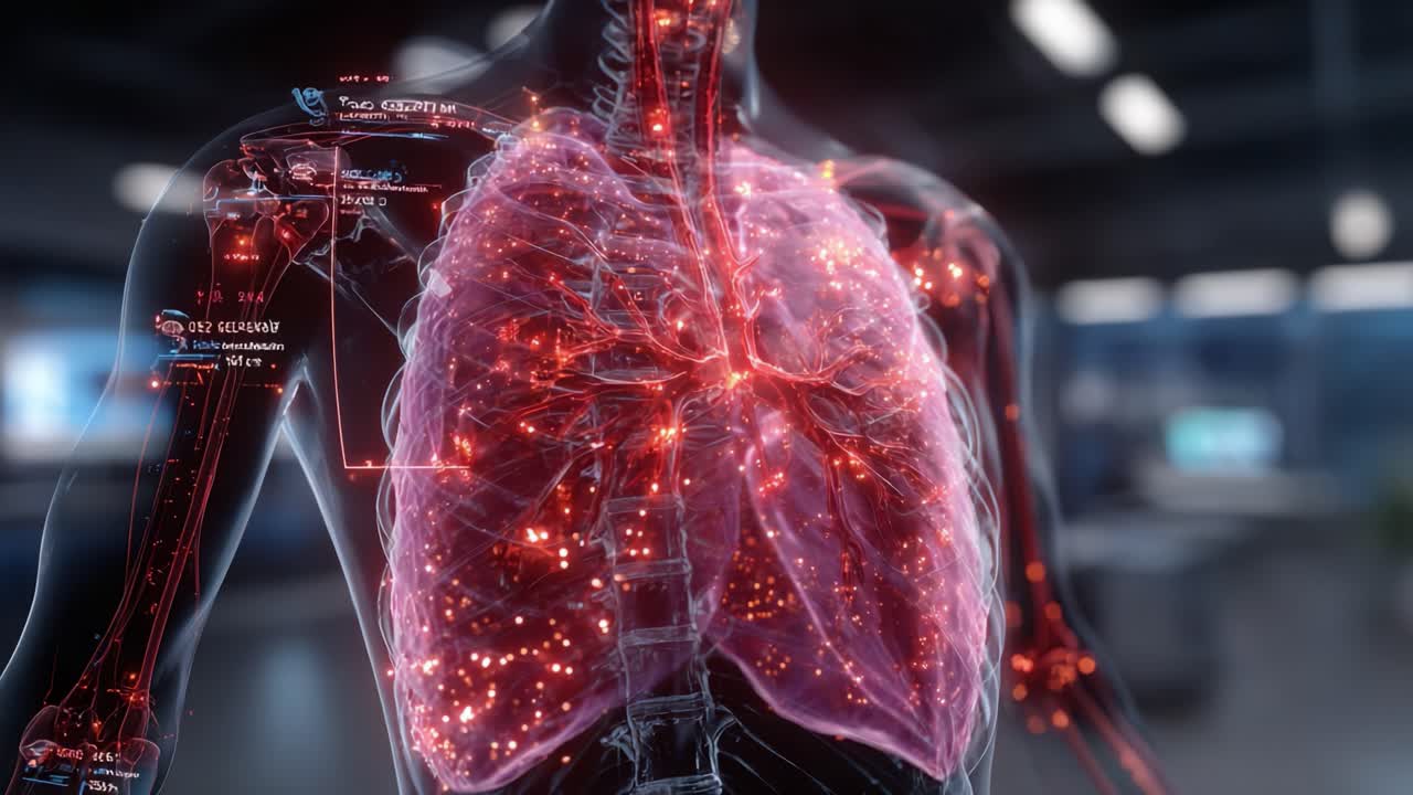 Visualizzazione dettagliata dei polmoni umani: interazione delle strutture respiratorie e tecnologia avanzata di imaging medico in un ambiente clinico