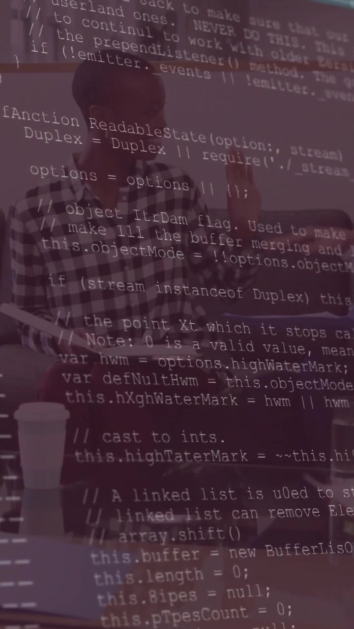 Watching code overlay appearing, woman in checkered shirt on couch holding folder for review