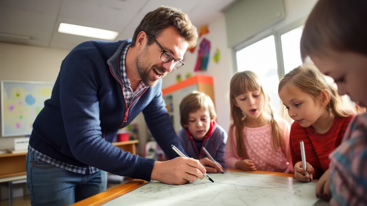 Un insegnante interagisce con i bambini attorno a un tavolo, catturato da un'angolazione bassa