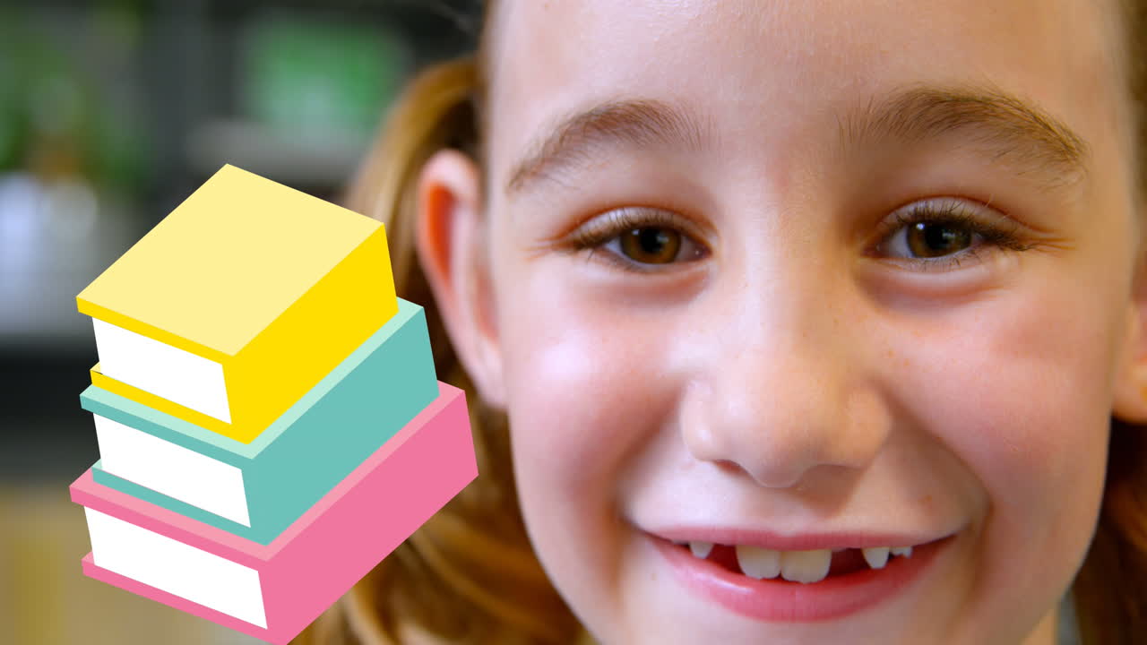 animación de libros moviéndose sobre feliz colegiala caucásica