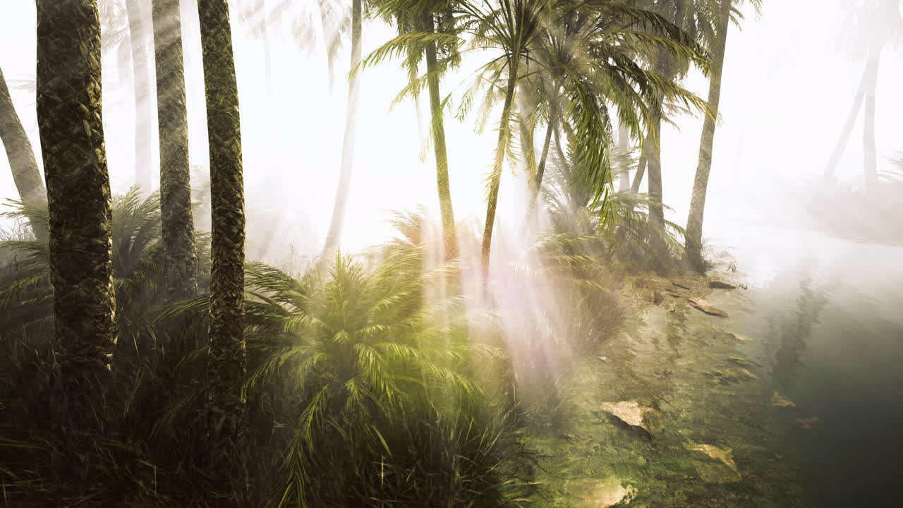 Serene tropical forest landscape with sunlight filtering through trees