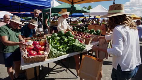 farmers market scene with produce and shoppers