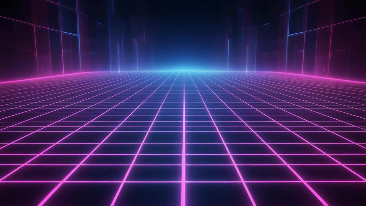 Griglia Luminosa in Stile Retro Synthwave che Avanza nello Spazio Scuro