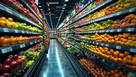 colorful produce aisle with digital displays in modern grocery store