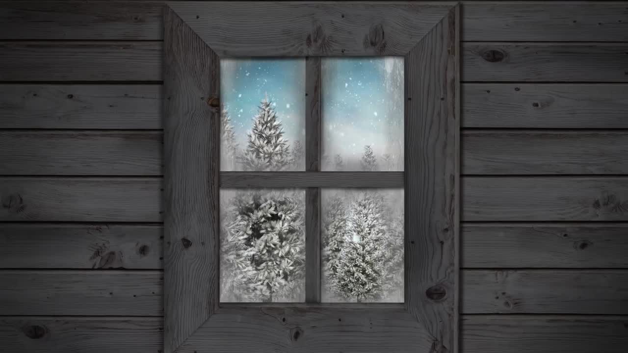 Animation af vinduesudsigt med juletræ og vinterlandskab