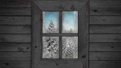 animation of window view of christmas tree and winter landscape