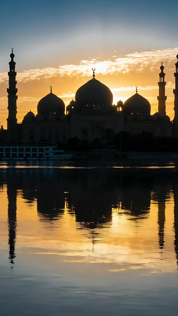 Video verticale: Sole che tramonta dietro una moschea con cupole e torri che si stagliano, riflesso increspato, barca a riva