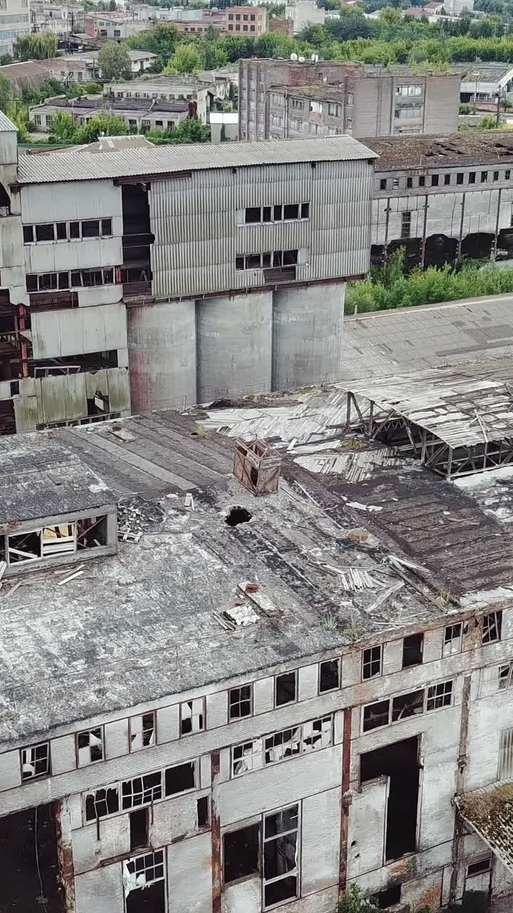 Aerial view of the largest abandoned factory. Factory ruins. Vertical video