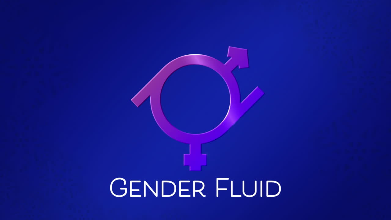 animación del texto de fluido de género con símbolo de fluido de género púrpura, sobre fondo azul