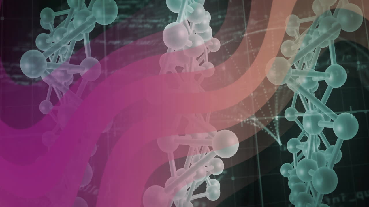 어두운 배경에 있는 dna 가닥 위에 과학적 데이터 처리의 애니메이션