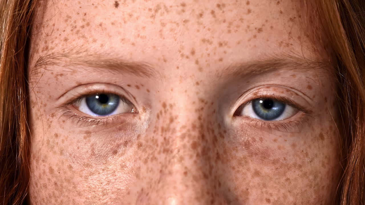 Red haired girl with lots of freckles on the face and blue eyes looking into the camera. Close up