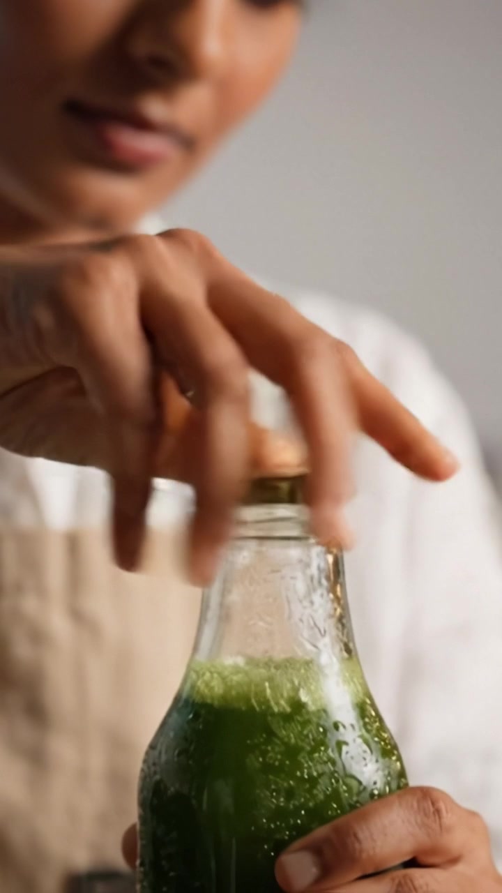 Preparazione di un succo verde rinfrescante: un primo piano di una donna che tiene in mano una bottiglia di bevanda verde frizzante, catturando l'essenza di uno stile di vita sano e della nutrizione.