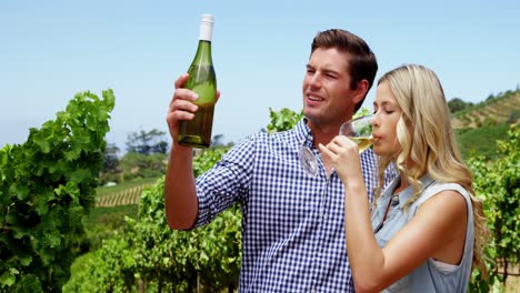 Couple-drinking-wine-in-vineyard