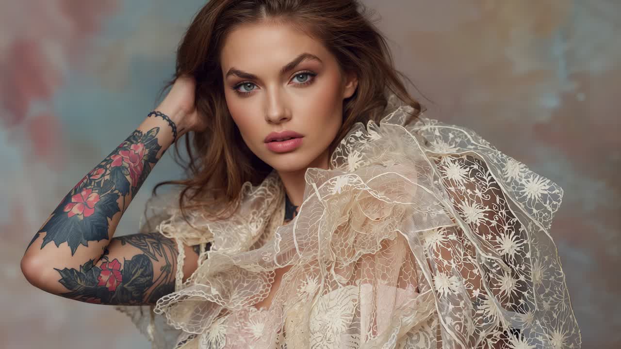 Posing model answering camera cue, sweeping hair and tilting head in studio, showing lace, tattoo
