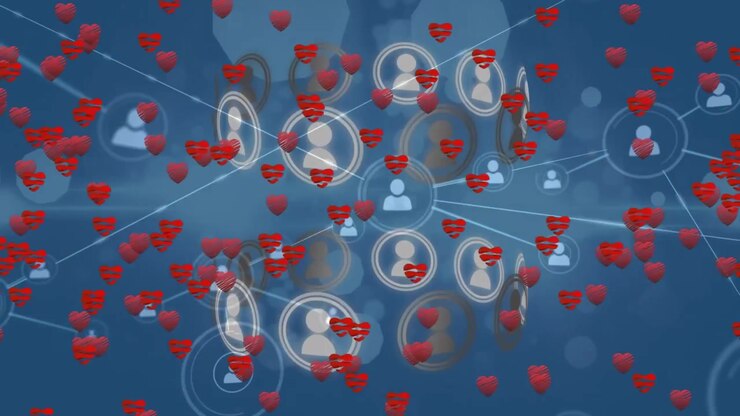 Animazione di cuori rossi e rete di connessioni con icone di persone