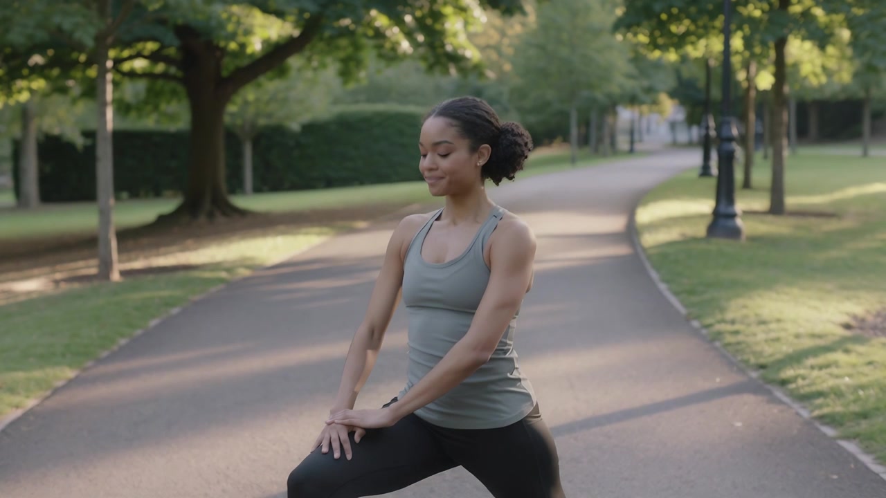 Beginning right-leg lunge, fit-woman in workout-gear shifting gaze and holding stretch on park path