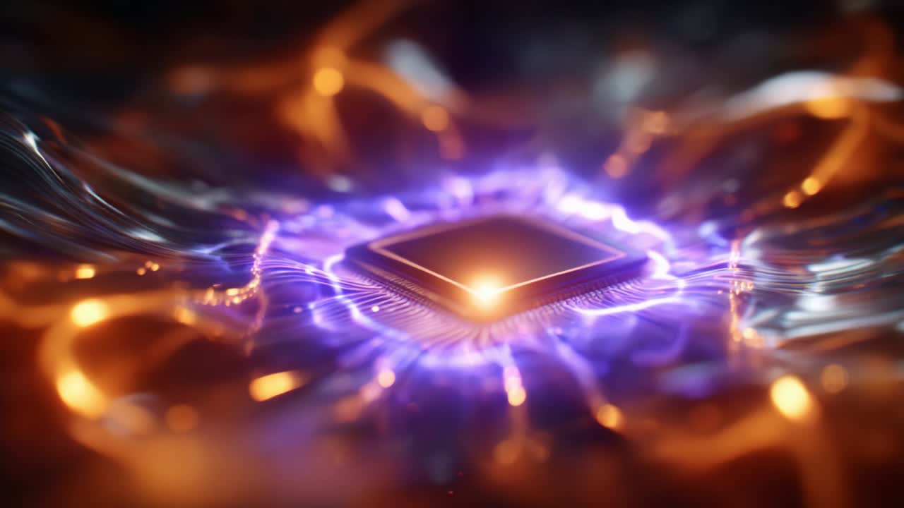 A Close-Up Exploration of a Futuristic Microchip Surrounded by Pulsating Energy Waves, Highlighting the Intricacies of Technology and the Dynamic Interaction of Light and Motion in a Digital Universe