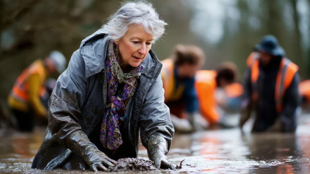 A dedicated volunteer passionately working in muddy water, showcasing community efforts in environmental restoration or relief. The determination seen in this individual inspires teamwork and resilience