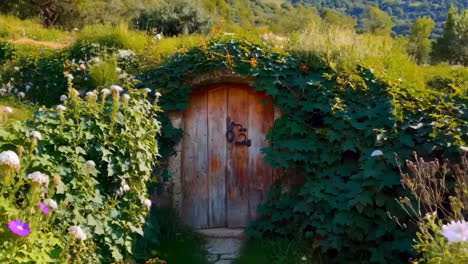 hobbit-style door in a lush green hill