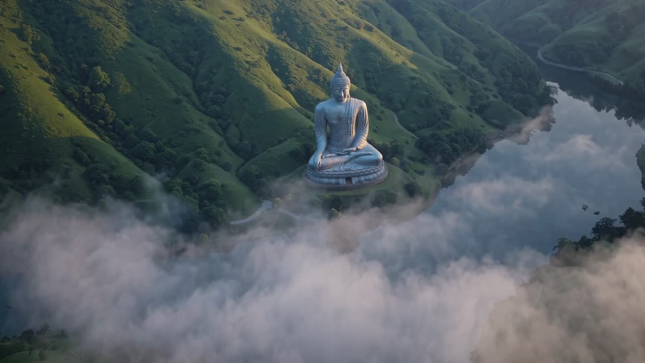 estatua de buda en una montaña con un lago de niebla
