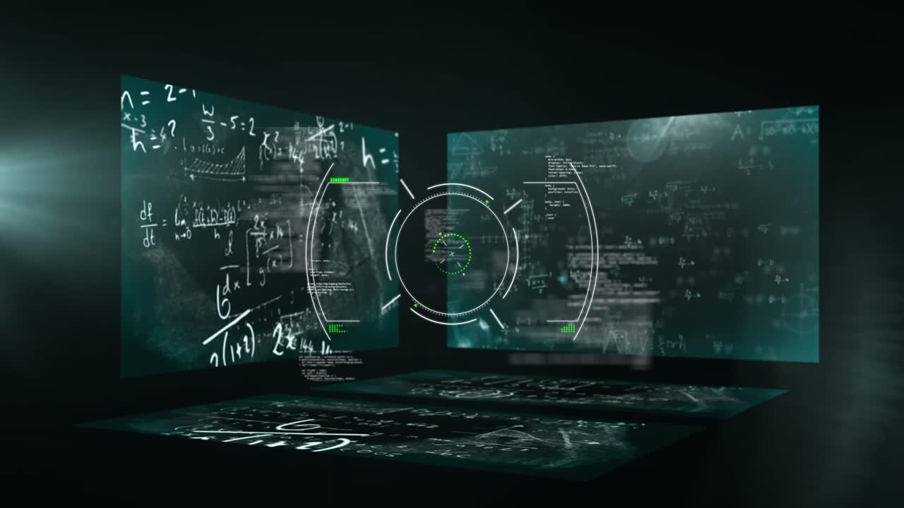 Animation of mathematical formulas on screens over black background