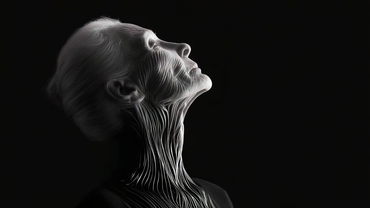 A Contemplative Portrait of Grace: Exploring the Intricate Patterns of Light and Shadow on an Ethereal Figure with Flowing Lines Captivating the Essence of Human Expression